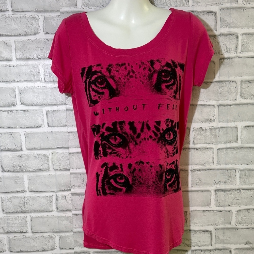 Vibrant Pink Graphic Tee with Bold Design- see measurements
